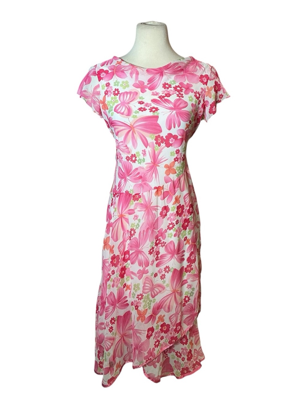 Vintage Y2K Cherokee Butterfly Floral Print Cowl Neck Midi Dress